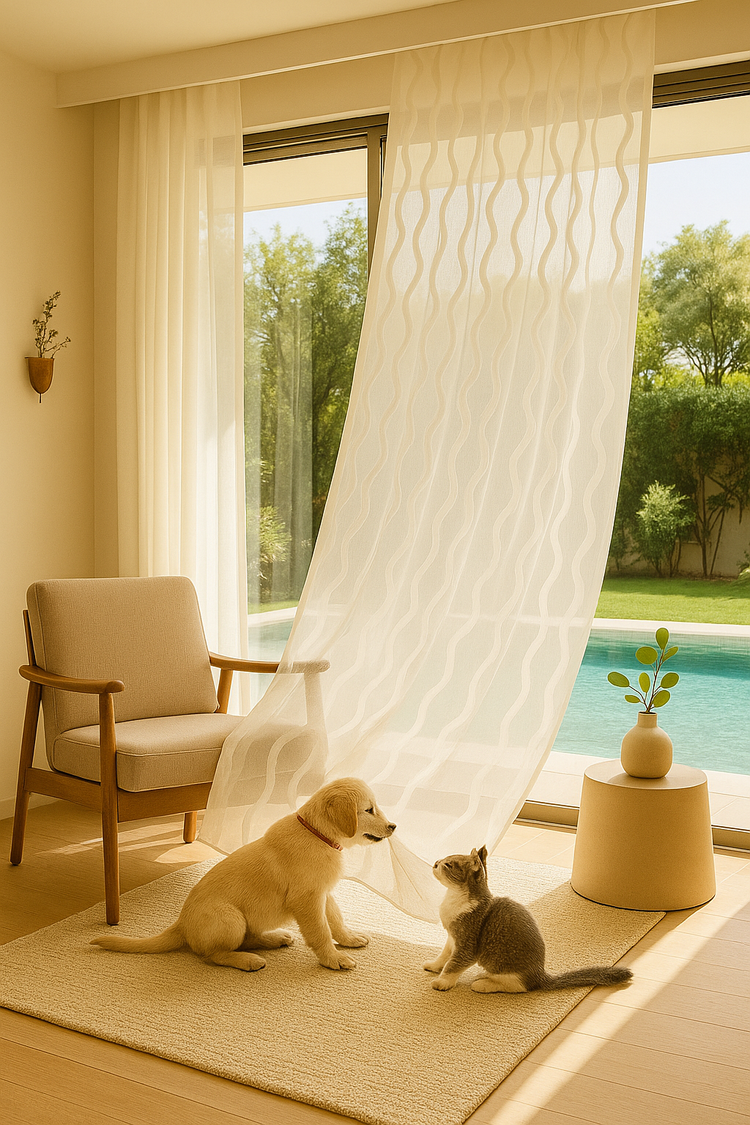 Puppy and kitten playing near curtains