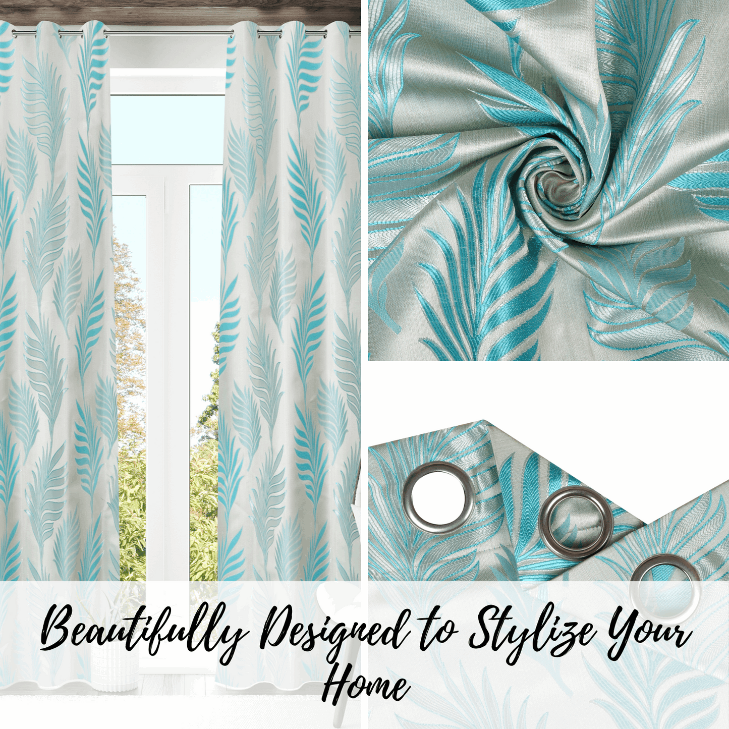 Maharani Jacquard Leaf Silver Blue Curtains 80% Blackout Window Drapes Pair - Kapissh