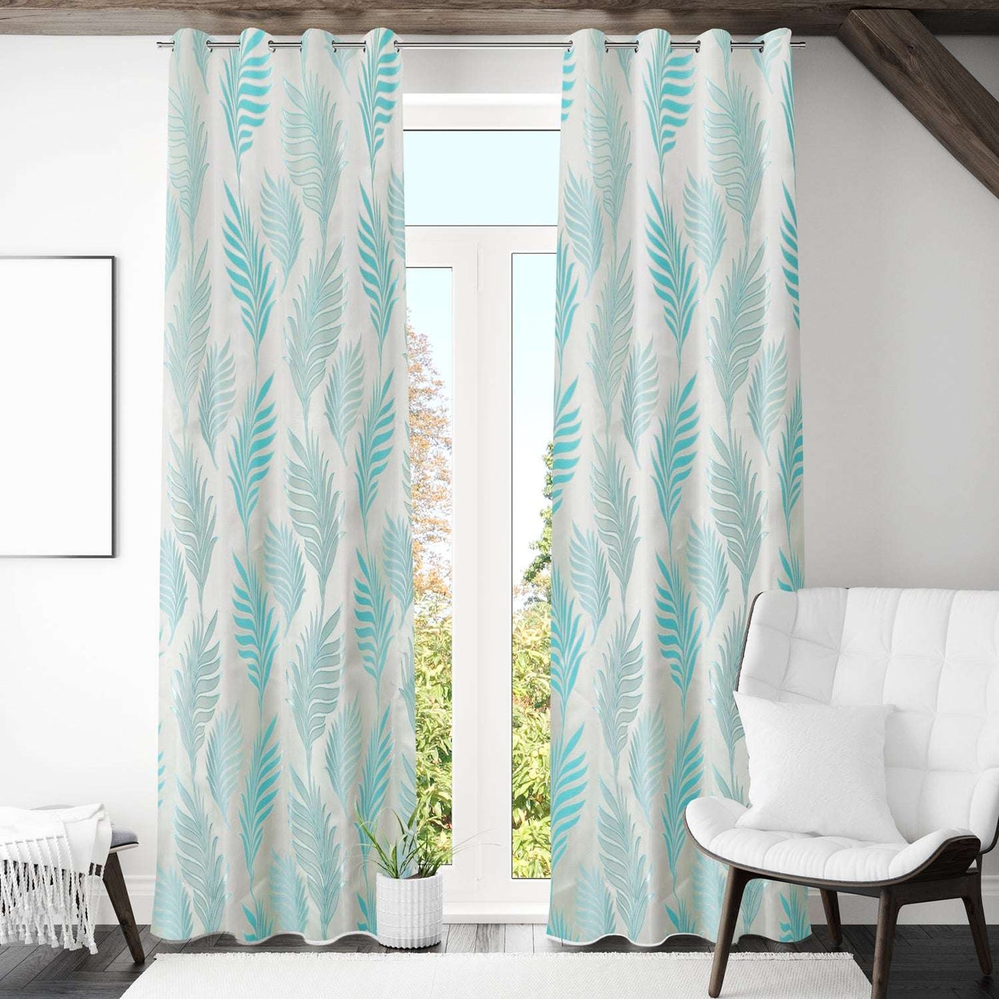 Maharani Jacquard Leaf Silver Blue Curtains 80% Blackout Window Drapes Pair - Kapissh
