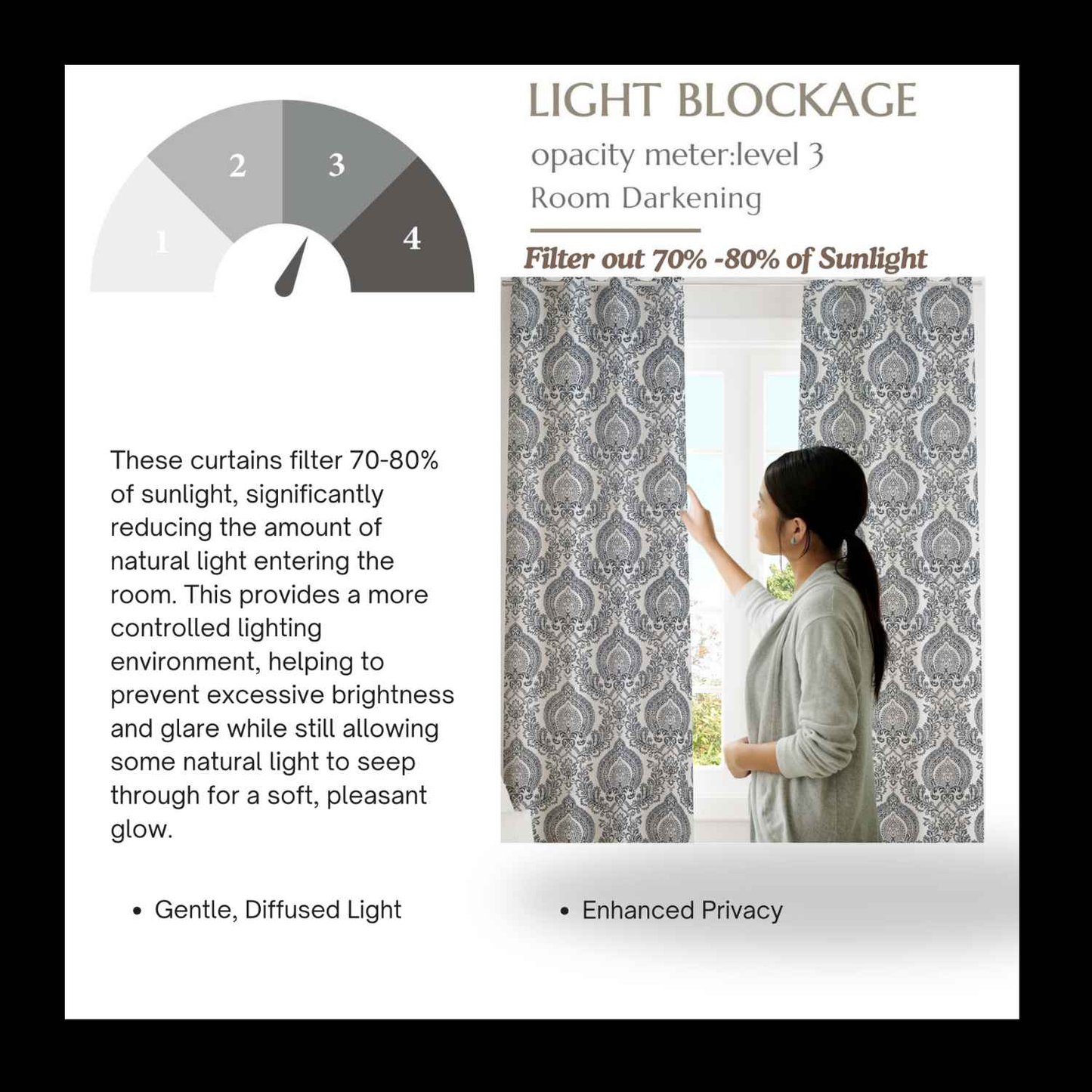 Gray damask room darkening curtains filtering 70–80% of sunlight, offering gentle diffused light and enhanced privacy, with level 3 opacity for a cozy, light-controlled interior.