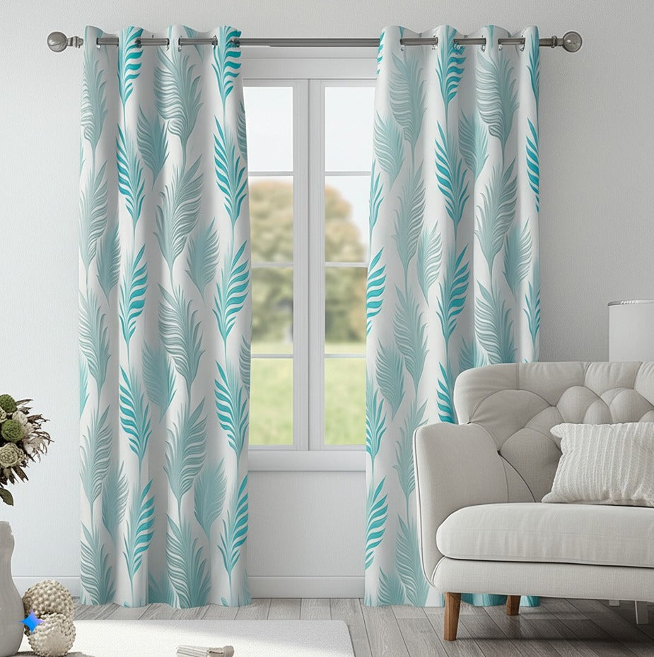 Maharani Jacquard Leaf Silver Blue Curtains 80% Blackout Window Drapes Pair - Kapissh