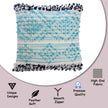 Boho decorative pillow cover in aqua blue and white with black fringe edges, featuring premium quality, high-end fabric, smooth zipper, and unique design highlights.