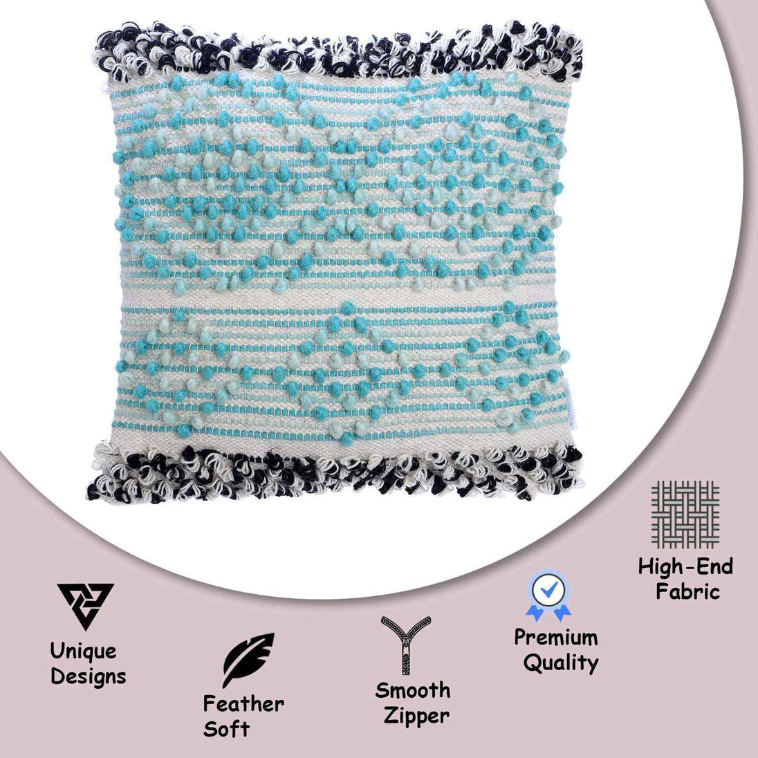 Boho decorative pillow cover in aqua blue and white with black fringe edges, featuring premium quality, high-end fabric, smooth zipper, and unique design highlights.