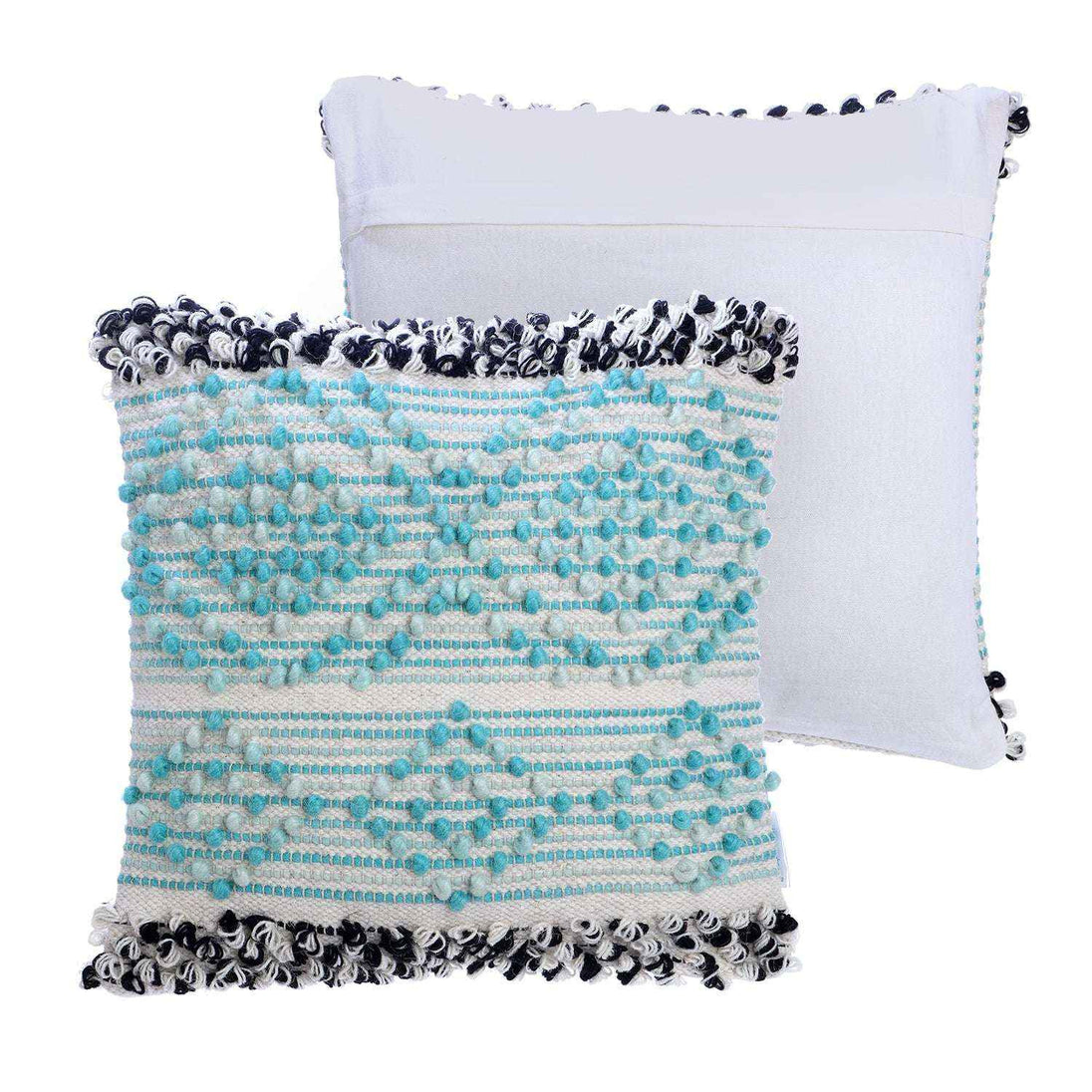 Set of two boho decorative pillow covers with aqua blue and white textured design, black and white fringe edges, and plain white back with hidden zipper closure.