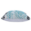 Side view of boho decorative pillow with aqua blue and white textured woven front, black and white fringe corners, and plain white fabric backing with hidden zipper.