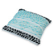 Square decorative pillow with textured aqua blue and white woven design, featuring black and white tufted edges, perfect for modern boho home decor.