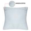 Back view of decorative pillow cover showcasing hidden zipper closure for a seamless look and easy insert removal, made from smooth white fabric.