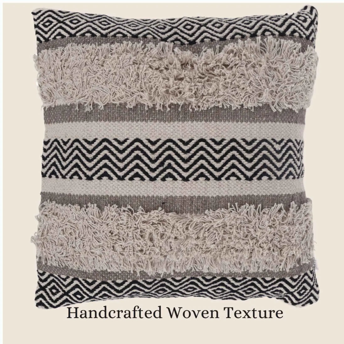 Boho textured pillow with handcrafted woven design.