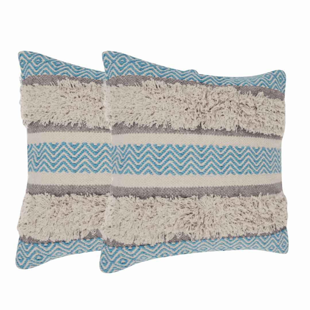 Set of two boho-style decorative pillow covers featuring blue chevron patterns, beige shaggy textured stripes, and gray woven accents for modern farmhouse or eclectic decor.
