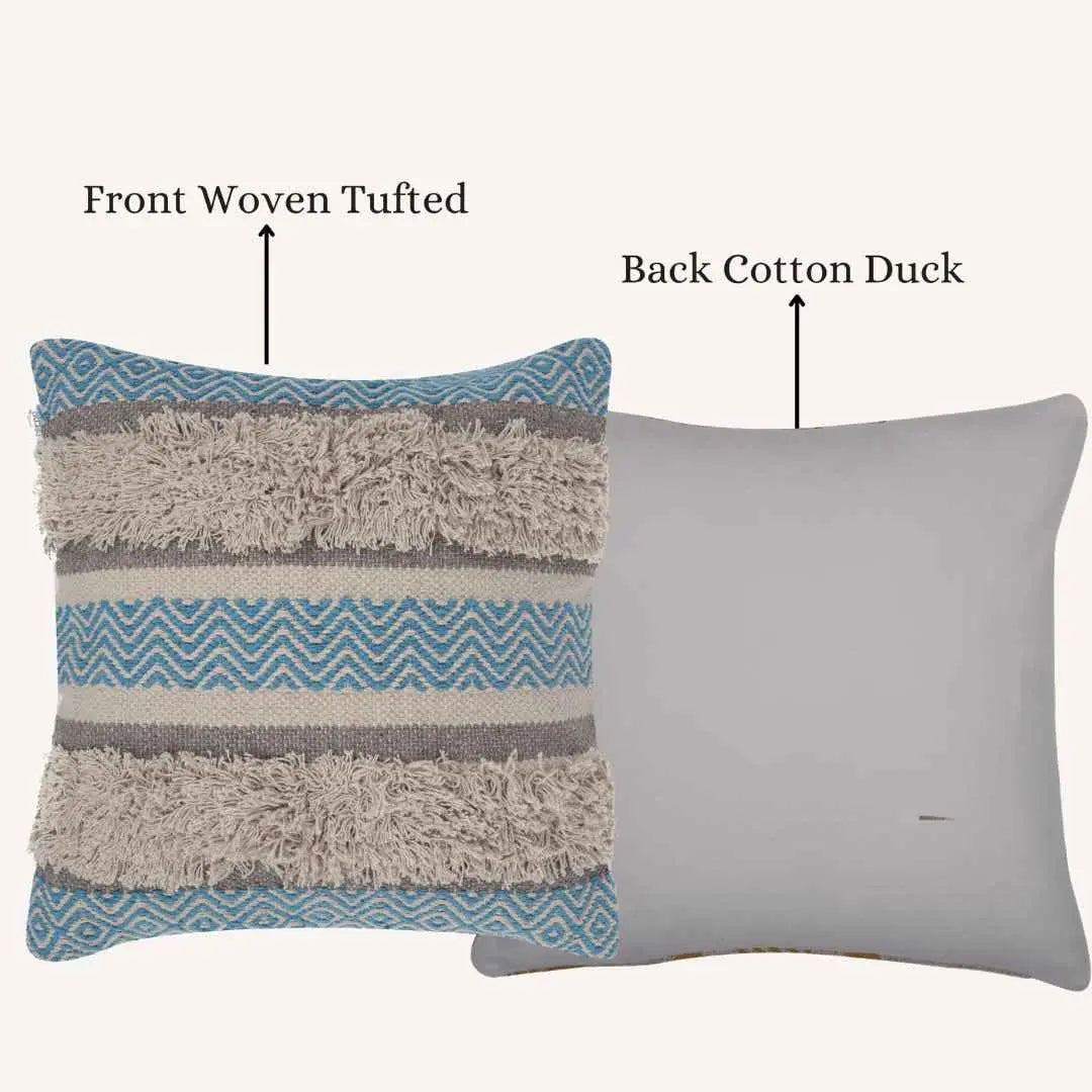 Decorative boho pillow covers with front woven tufted design in blue and beige and solid cotton duck fabric back, highlighting stylish texture and durable construction.