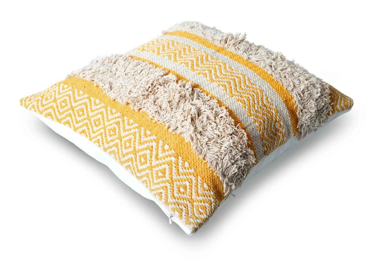 Yellow and beige boho-style throw pillow with textured tufted stripes and diamond patterns, placed on a white background for product display.