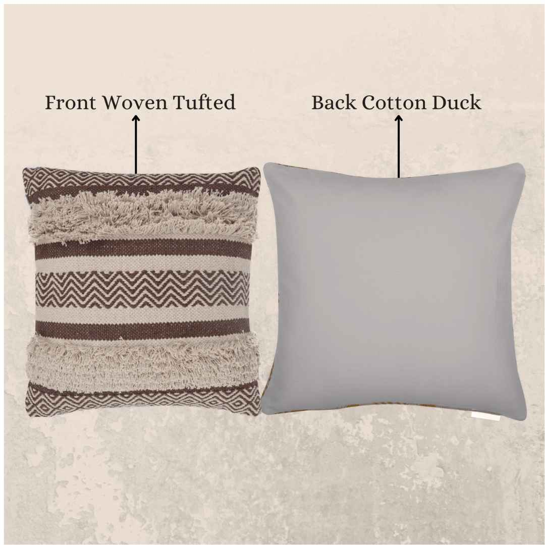 Front and back view of a decorative throw pillow — one side features a brown and cream woven tufted design with geometric patterns, and the other side is a plain cotton duck fabric in a solid neutral color.