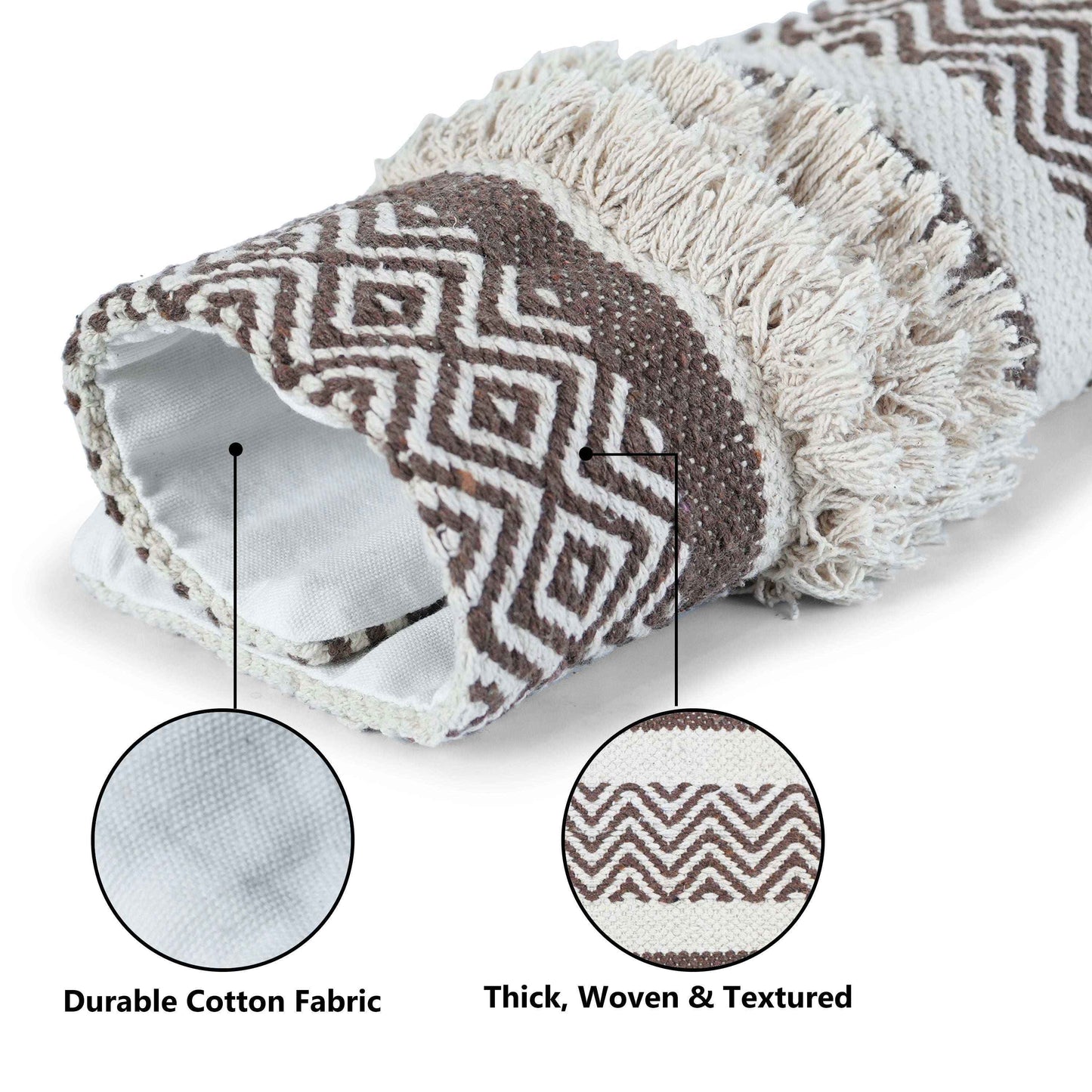 Close-up view of a rolled decorative pillow cover showcasing its dual fabric layers — soft, durable cotton interior and a thick, textured, woven outer layer with brown and cream geometric and tufted design.