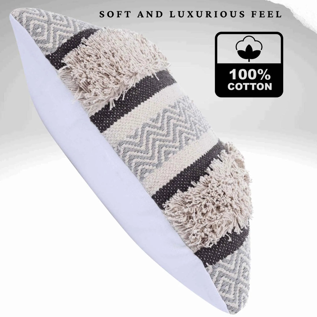 Square decorative pillow with a woven tufted design in cream, grey, and black tones, featuring chevron and diamond patterns, displayed at an angle on a light grey background with the text "High-Quality Fabric" in the top left corner.