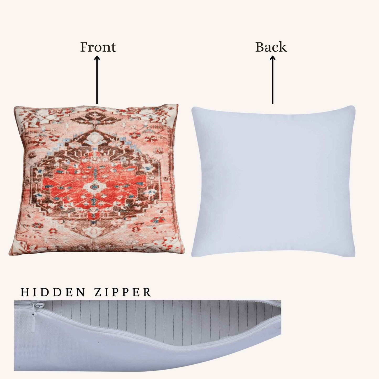 Visual showing the front and back sides of a decorative pillow cover with a boho-style red medallion design on the front and plain white back, including a close-up of the hidden zipper closure at the bottom.