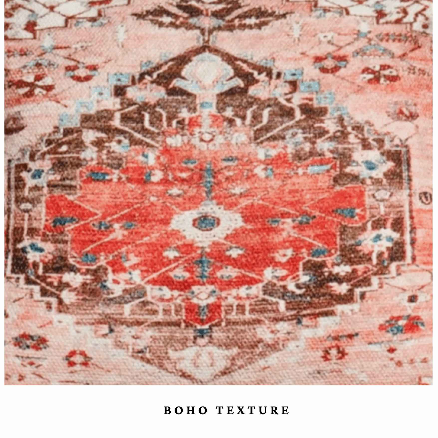 Close-up detail of a boho-style throw pillow fabric featuring a distressed red, brown, and blue medallion pattern with visible woven texture, labeled 'Boho Texture' at the bottom.