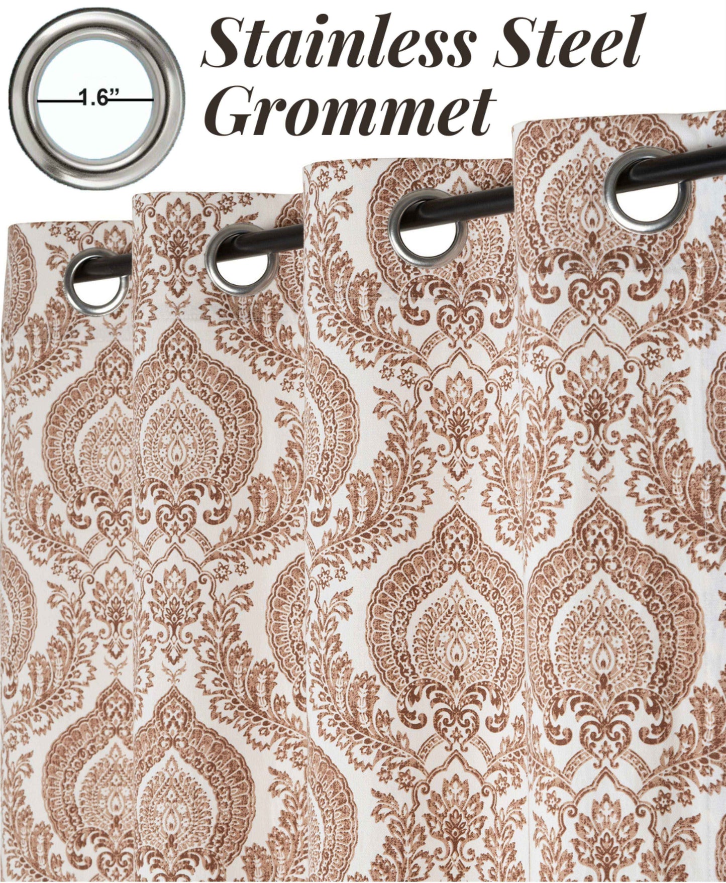 Close-up of elegant brown damask curtain with 1.6-inch stainless steel grommets, showcasing durable metal rings for easy hanging and smooth sliding on curtain rods.