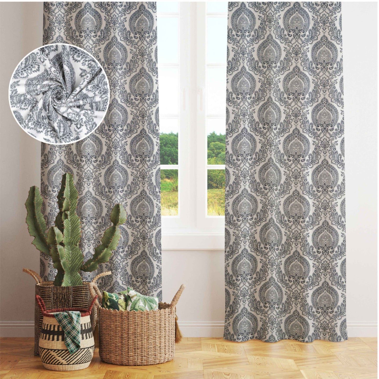 Elegant gray damask patterned curtains hanging in front of a window, with close-up fabric inset and decorative baskets with plants, ideal for modern boho or farmhouse interiors.