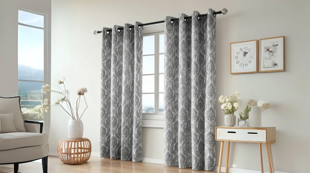 Gray damask blackout curtains with stainless steel grommets, hanging in a modern living room with natural light, white armchair, wooden side table, and decorative flower vases.