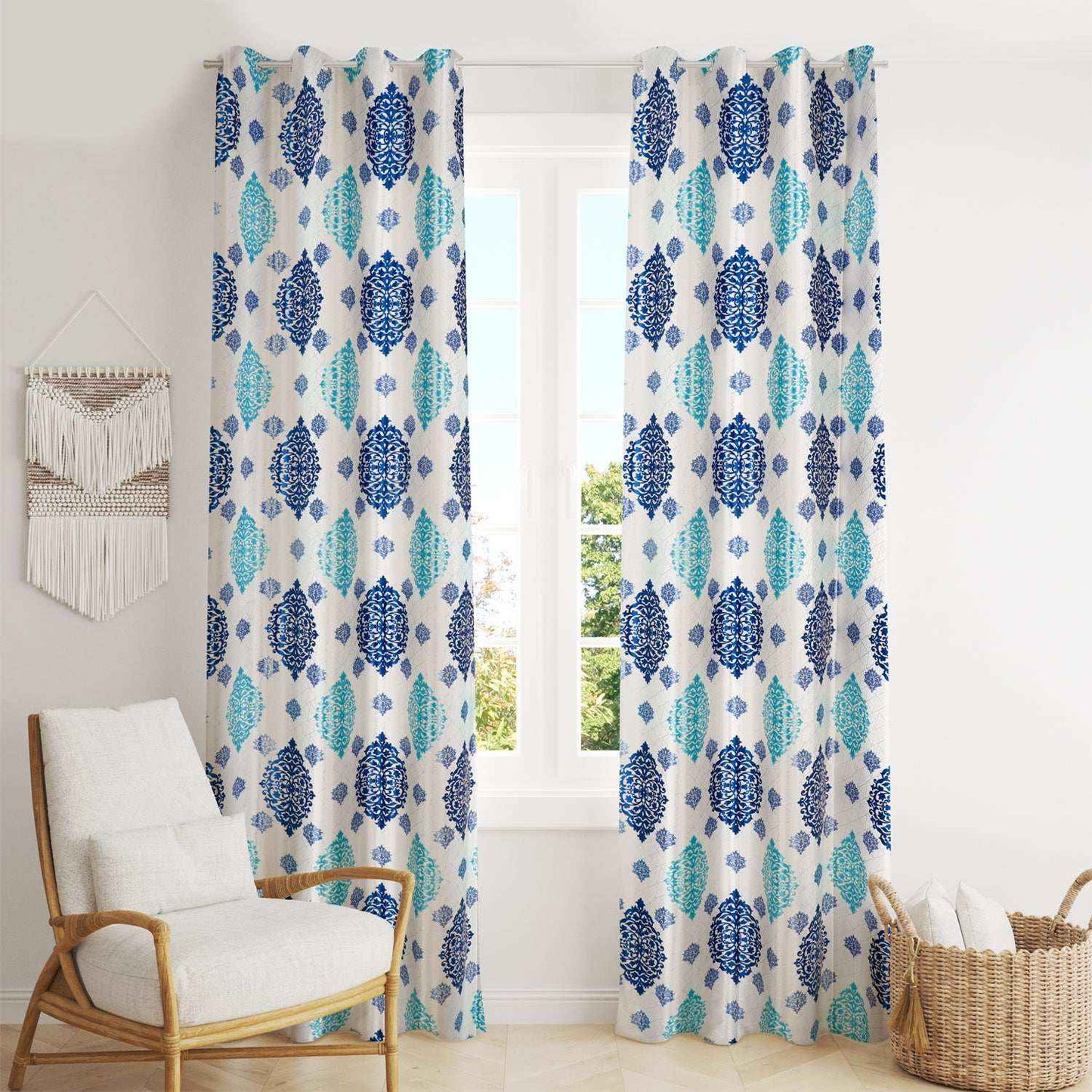 Raeya Damask Boho Blue Light Weight Curtains - Kapissh