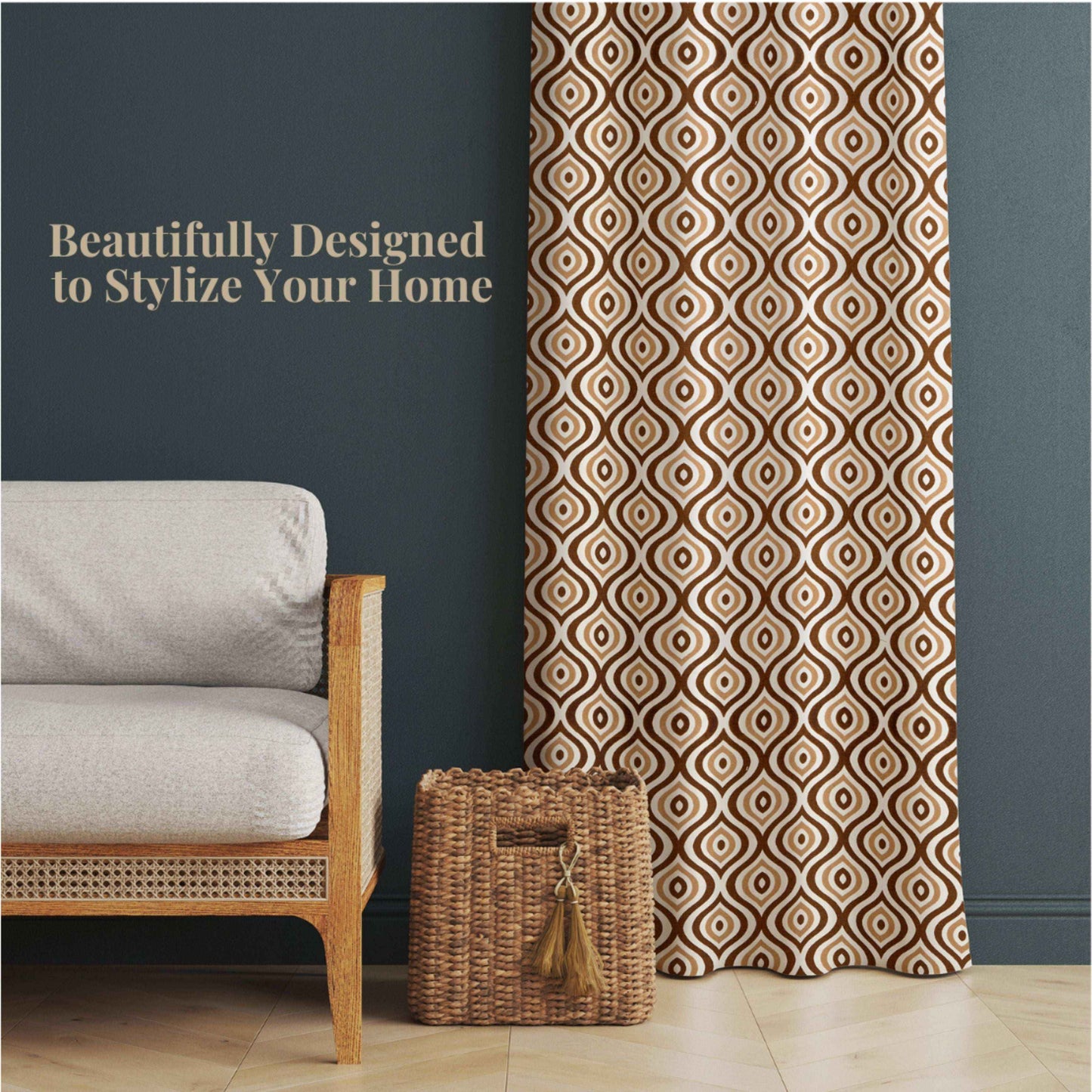 Stylish brown geometric patterned curtain with modern rattan chair and woven basket, set against a dark blue accent wall.