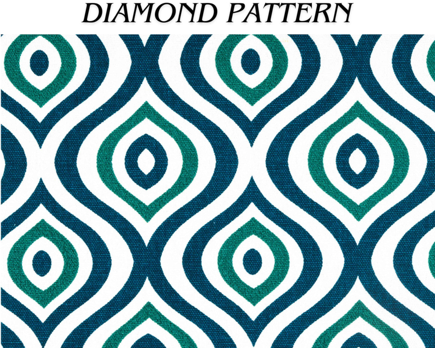 Close-up of green and navy diamond pattern fabric on white background, ideal for modern curtains or retro-inspired home textiles.