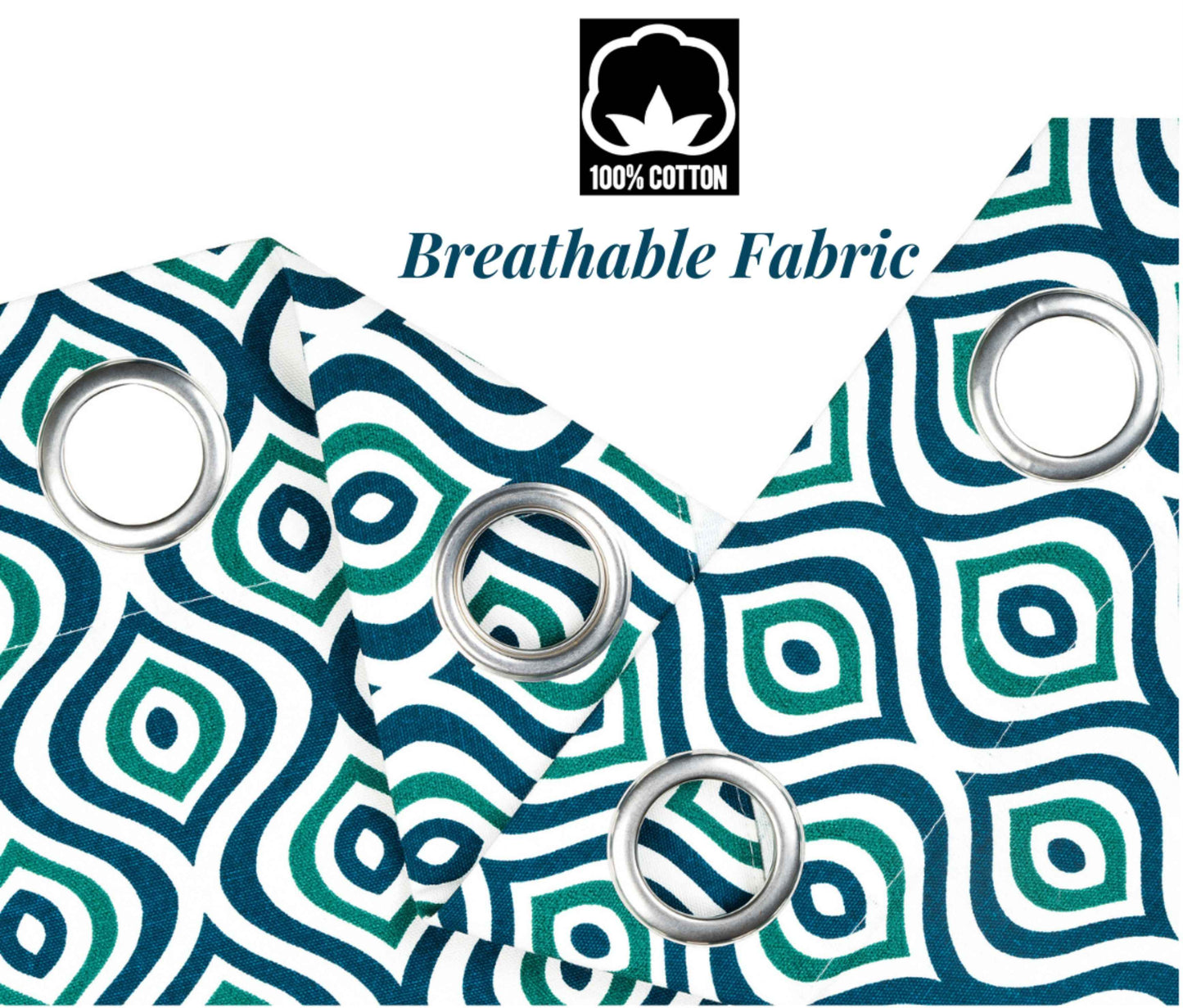 100% cotton curtains with breathable fabric and green-navy geometric pattern, featuring stainless steel grommets for easy hanging