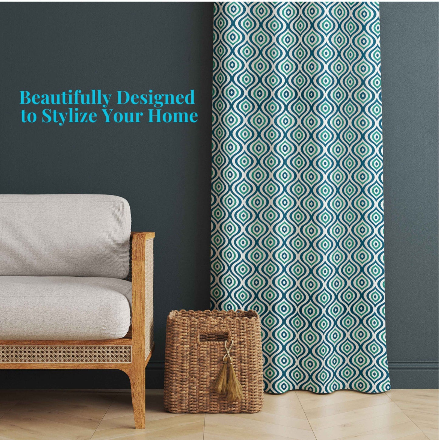 Modern interior with teal and black geometric patterned curtain, rattan armchair, woven basket, and dark accent wall.