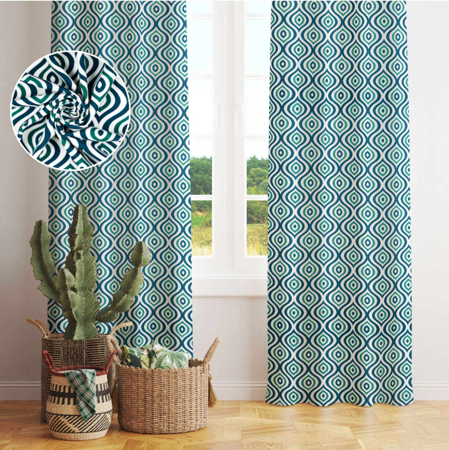 Boho-inspired room with green and navy geometric curtains, cactus plant in woven basket, and fabric texture inset detail by a bright window.