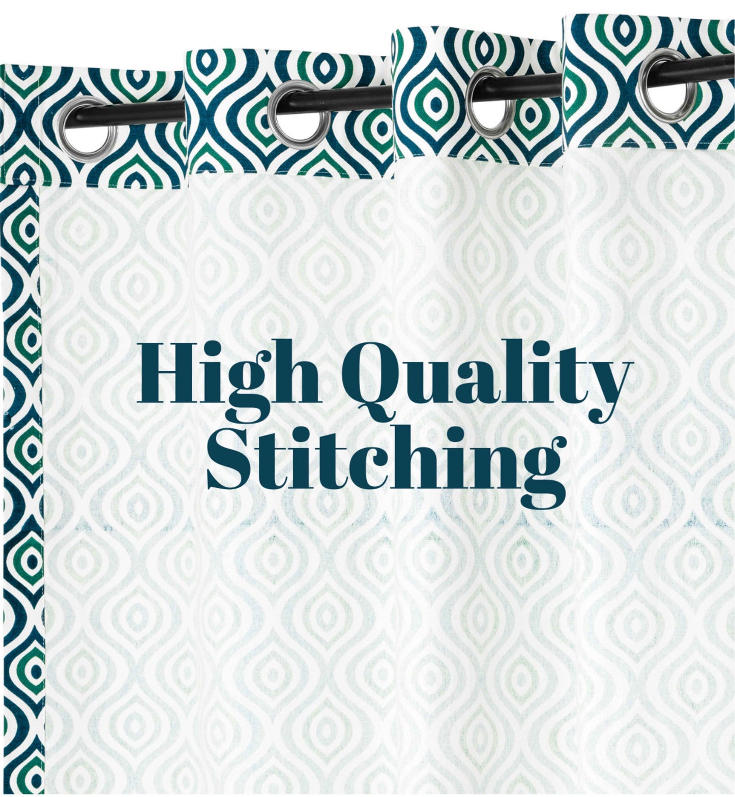 Green and navy geometric curtains with stainless steel grommets and high-quality stitching, featuring semi-sheer light-filtering fabric.