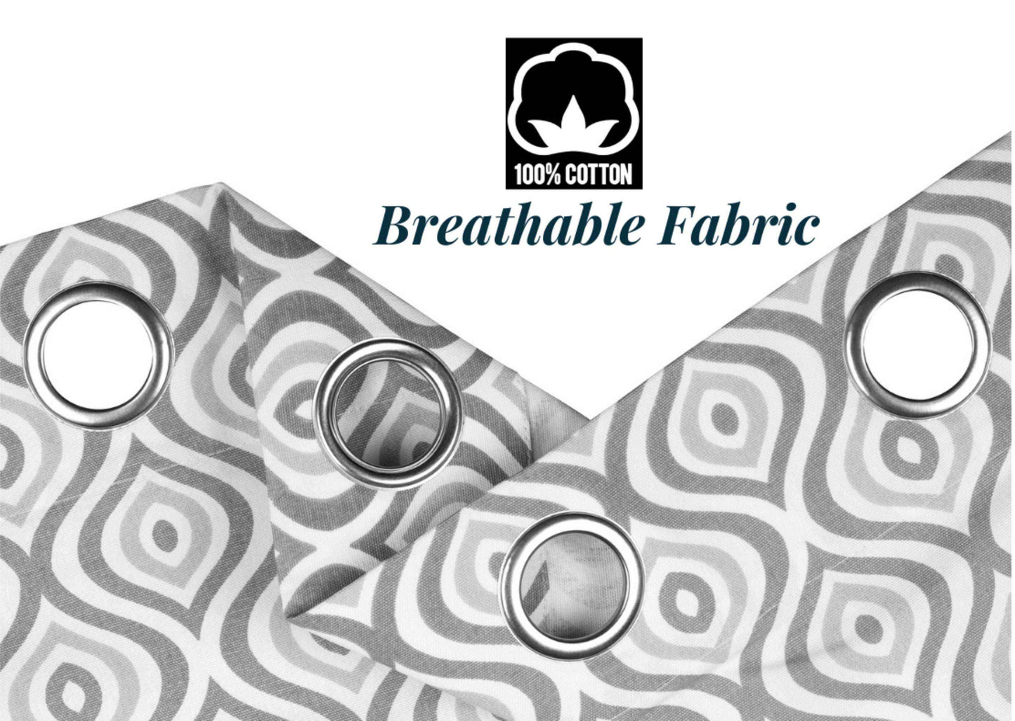 100% cotton blue-grey geometric curtains with breathable fabric and stainless steel grommets for easy hanging.