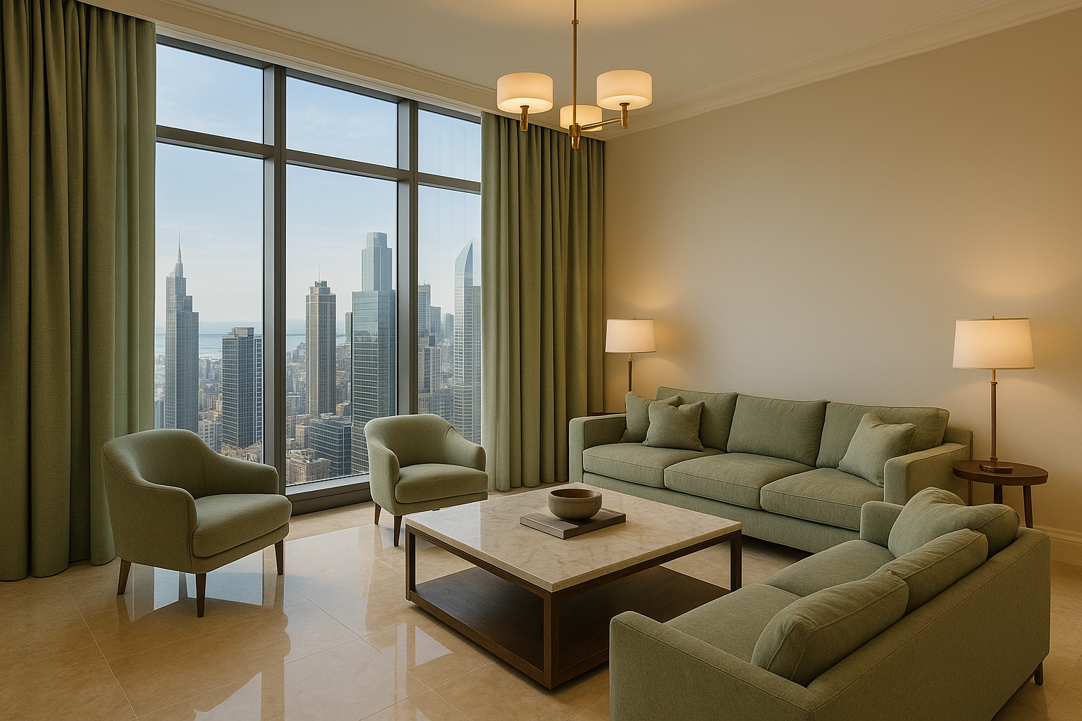 create another image of a luxurious living room in a high rise building having a living room in the apartment above 50th floor and have a view of other sky rise building with partial ocean view. Large windows should have light green heavy linen curtains and furniture should go with light green curtains and also wall color should compensate light green curtains