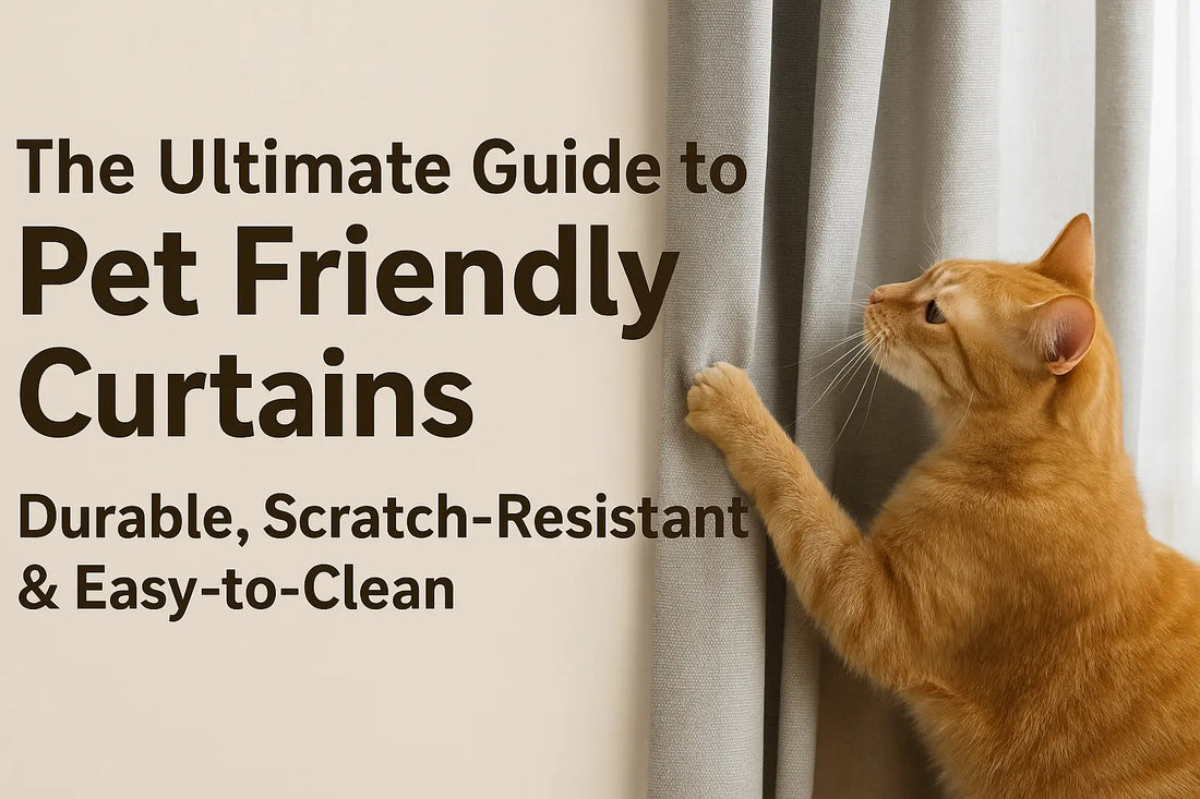 Orange cat scratching gray curtains.