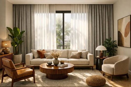 2026 curtain trends in modern Indian living room showing layered curtain styling