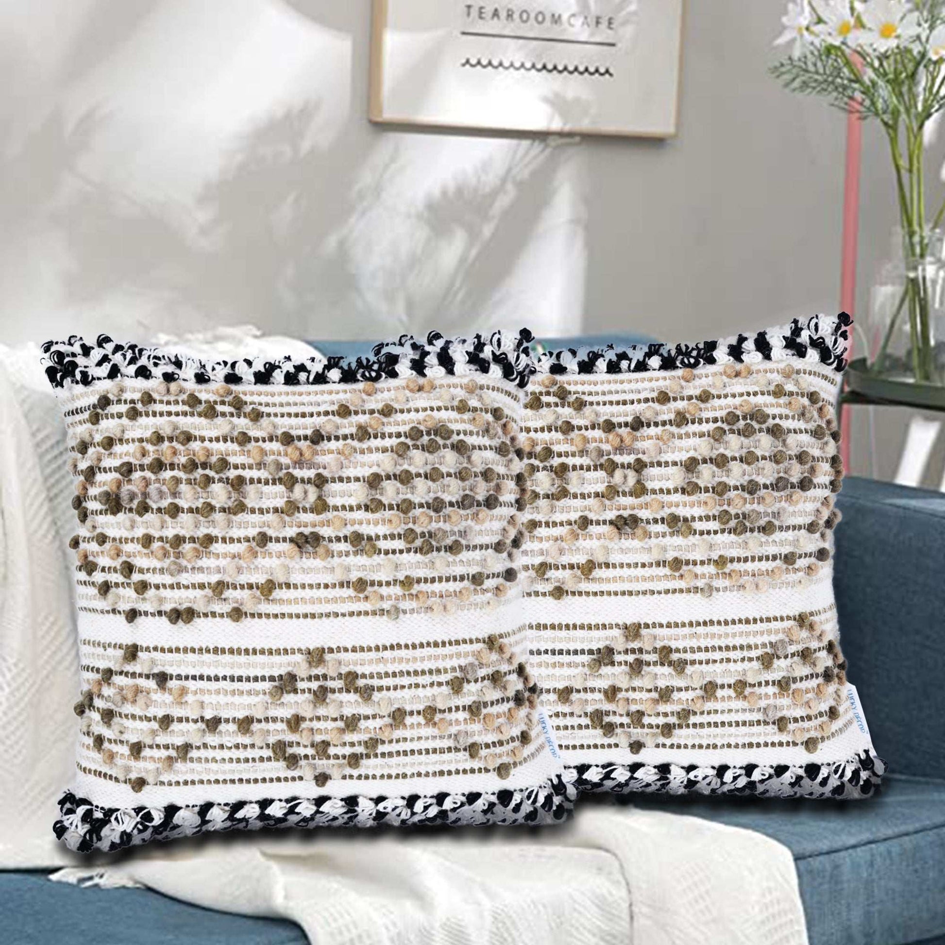 Liam Olive Green Brownish Tufted Cotton and Wool Hand Blend Woven Throw Pillow Covers Pair - Kapissh