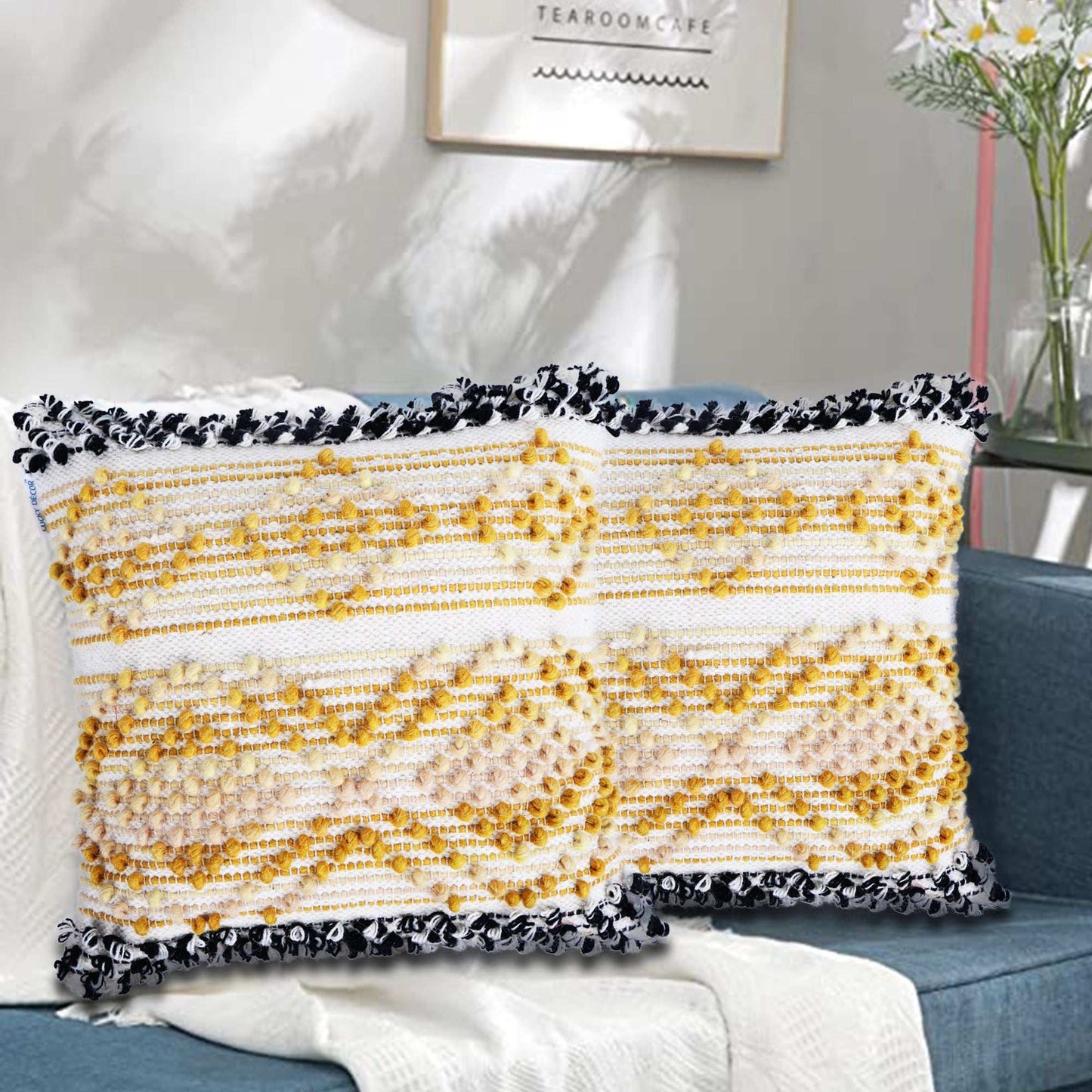 Liam Mustard Yellow Tufted Cotton and Wool Hand Woven Throw Pillow Covers Pair - Kapissh