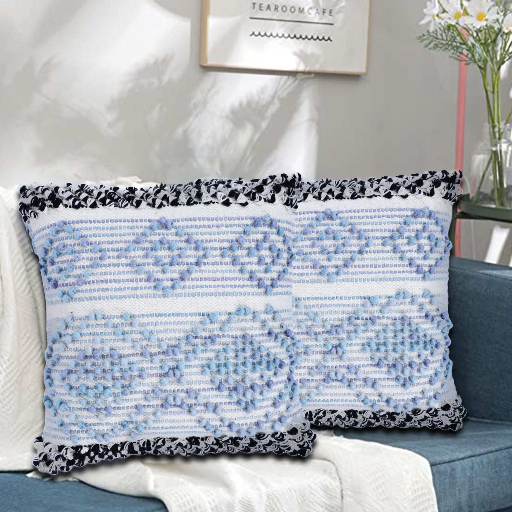Liam Light Blueish Grey Tufted Cotton and Wool blend Hand Woven Throw Pillow Covers Pair - Kapissh