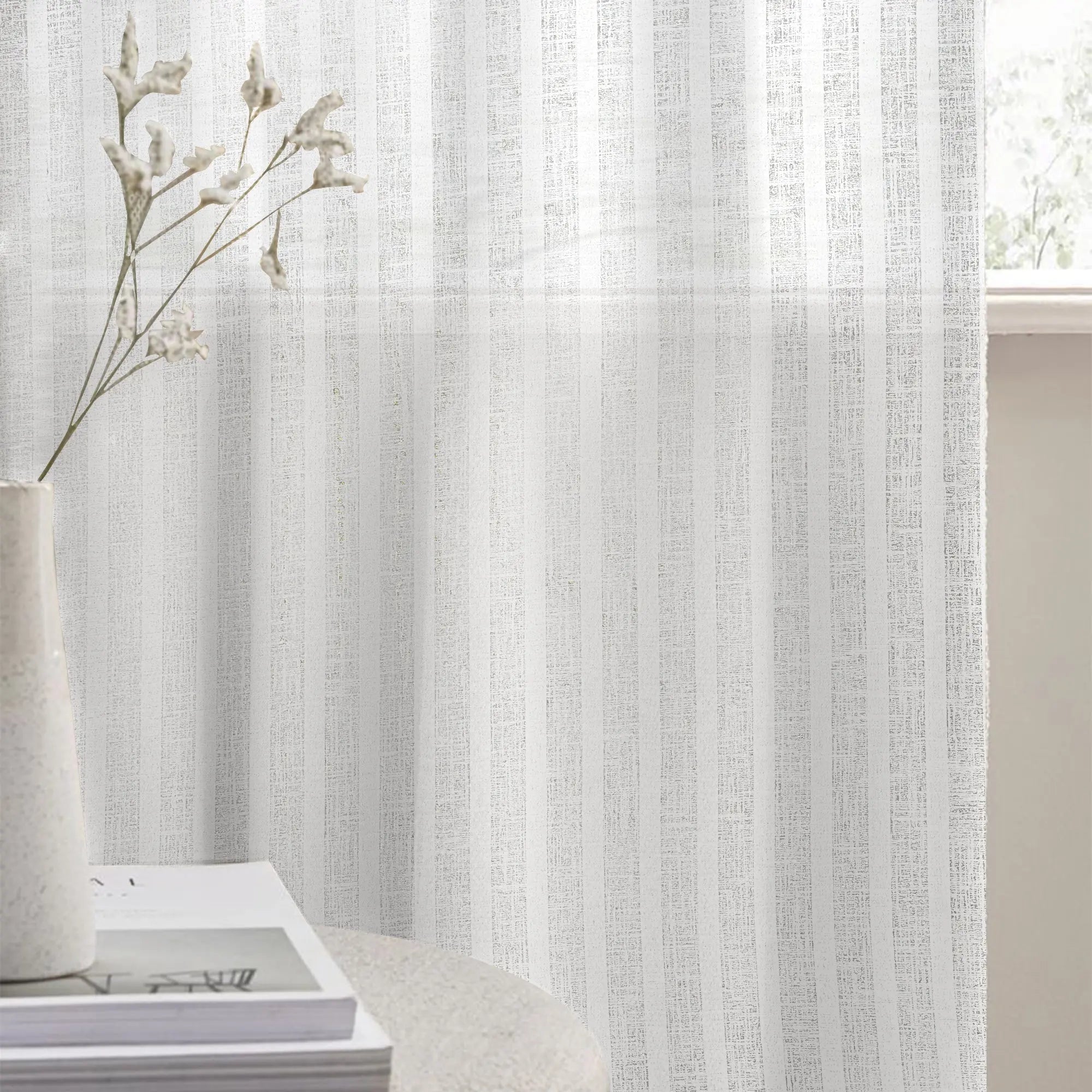 Ocean DeepStripe Linen-Look Sheer Curtains – Light-Filtering Drapes for Living Room & Bedroom Kapissh