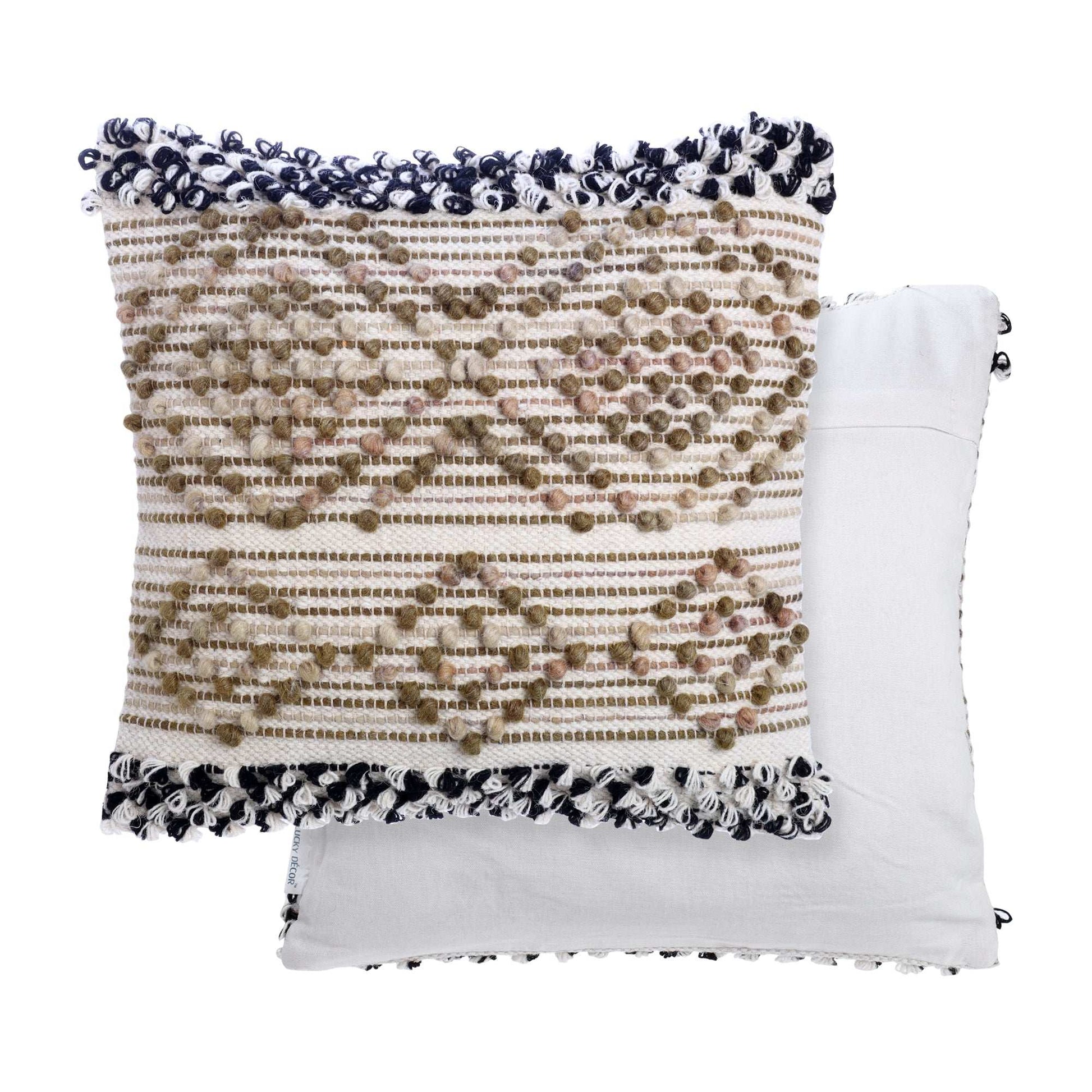 Liam Olive Green Brownish Tufted Cotton and Wool Hand Blend Woven Throw Pillow Covers Pair - Kapissh