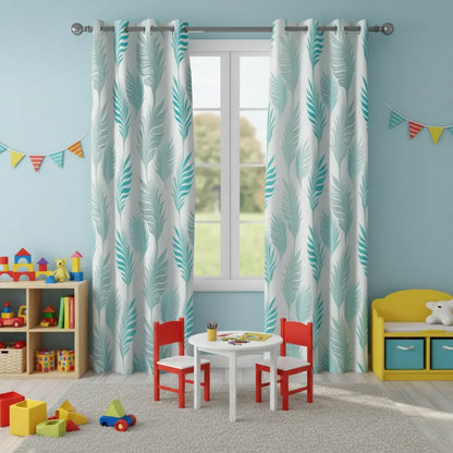 Maharani Jacquard Room Darkening Silver & Blue Curtains Palm Leaves Kapissh
