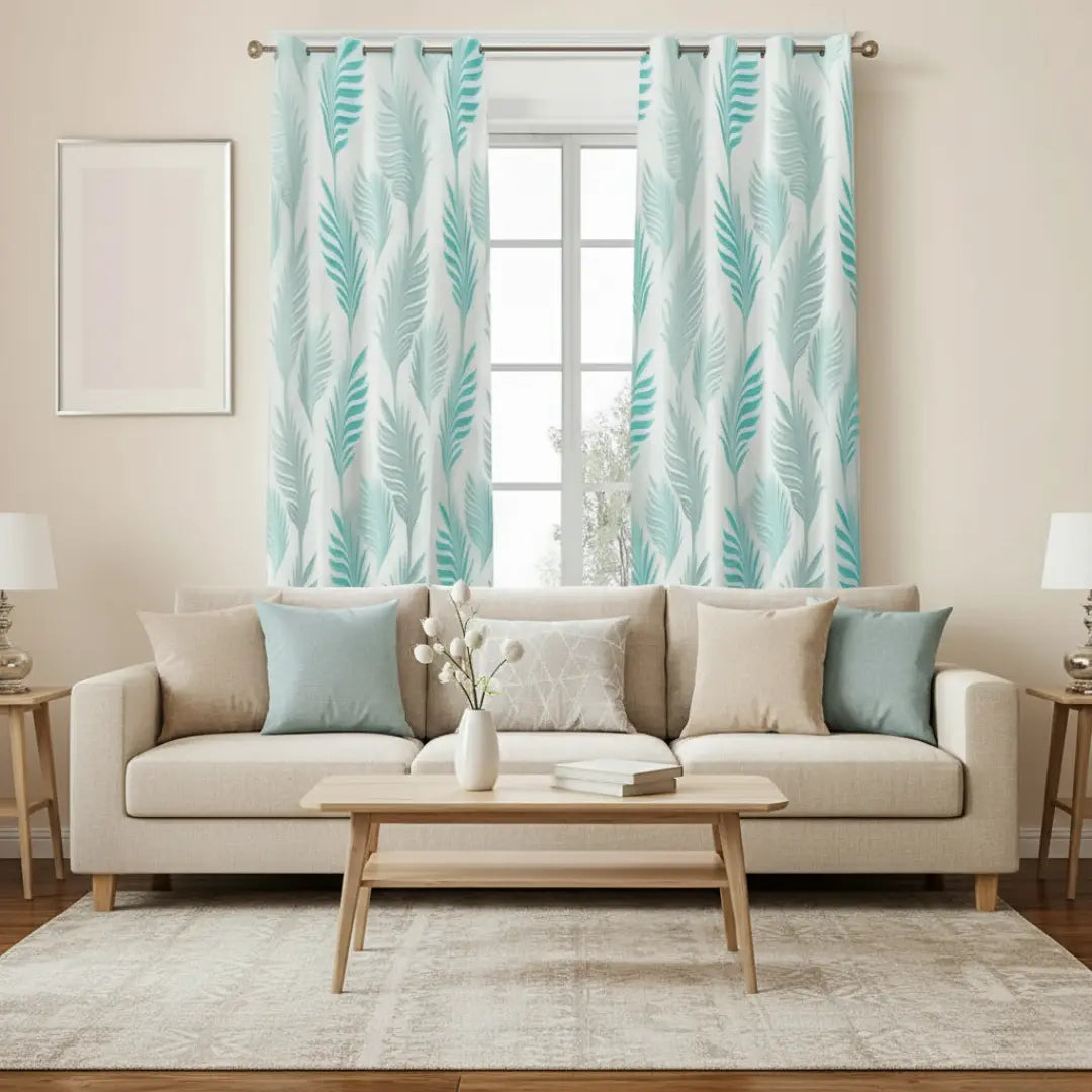 Maharani Jacquard Room Darkening Silver & Blue Curtains Palm Leaves Kapissh