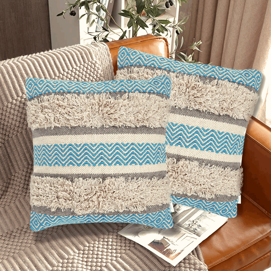 Maya Tufted 100% Cotton Woven Throw Pillow Covers Blue Pair - Kapissh