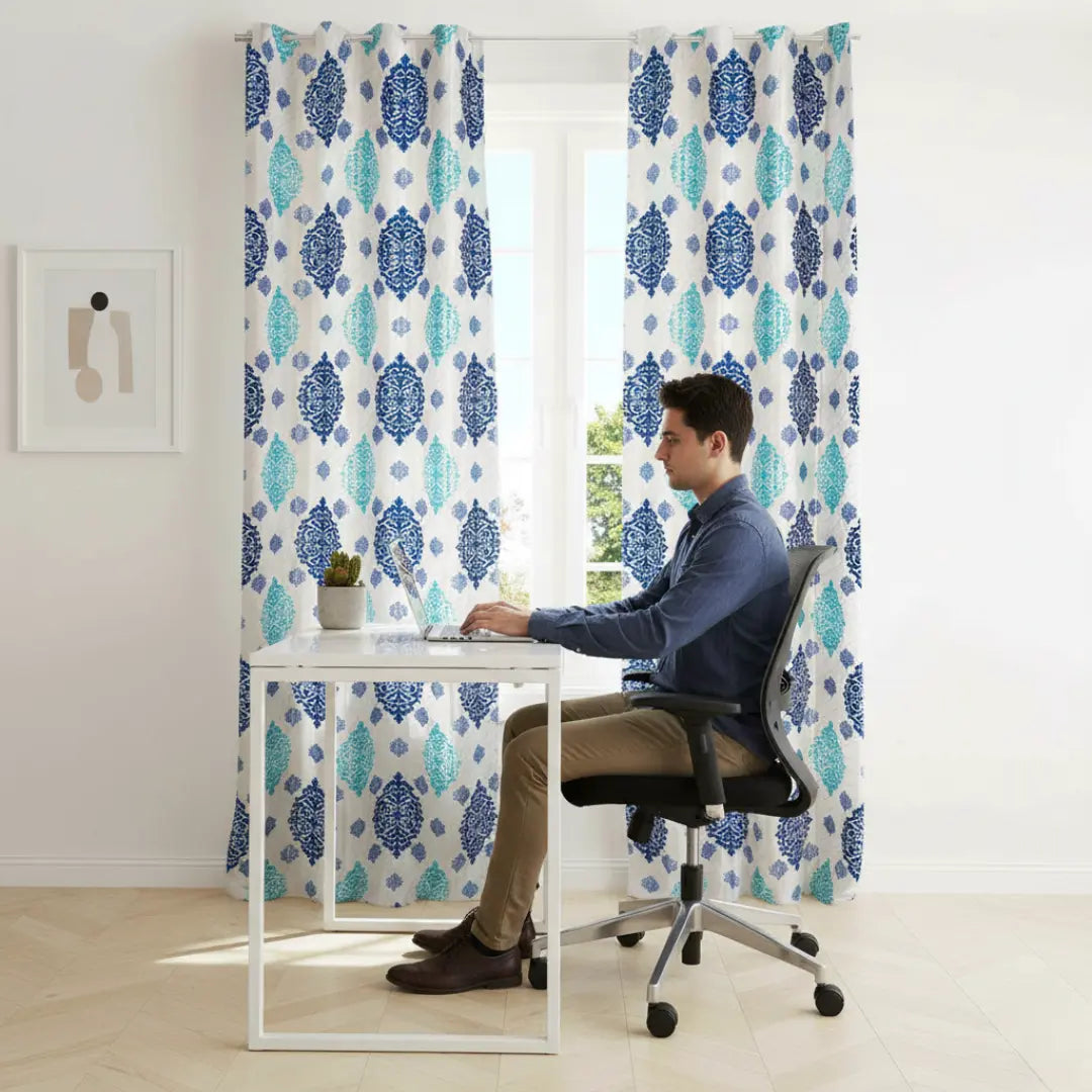 Raeya Damask Boho Curtains Blue Light Weight Kapissh