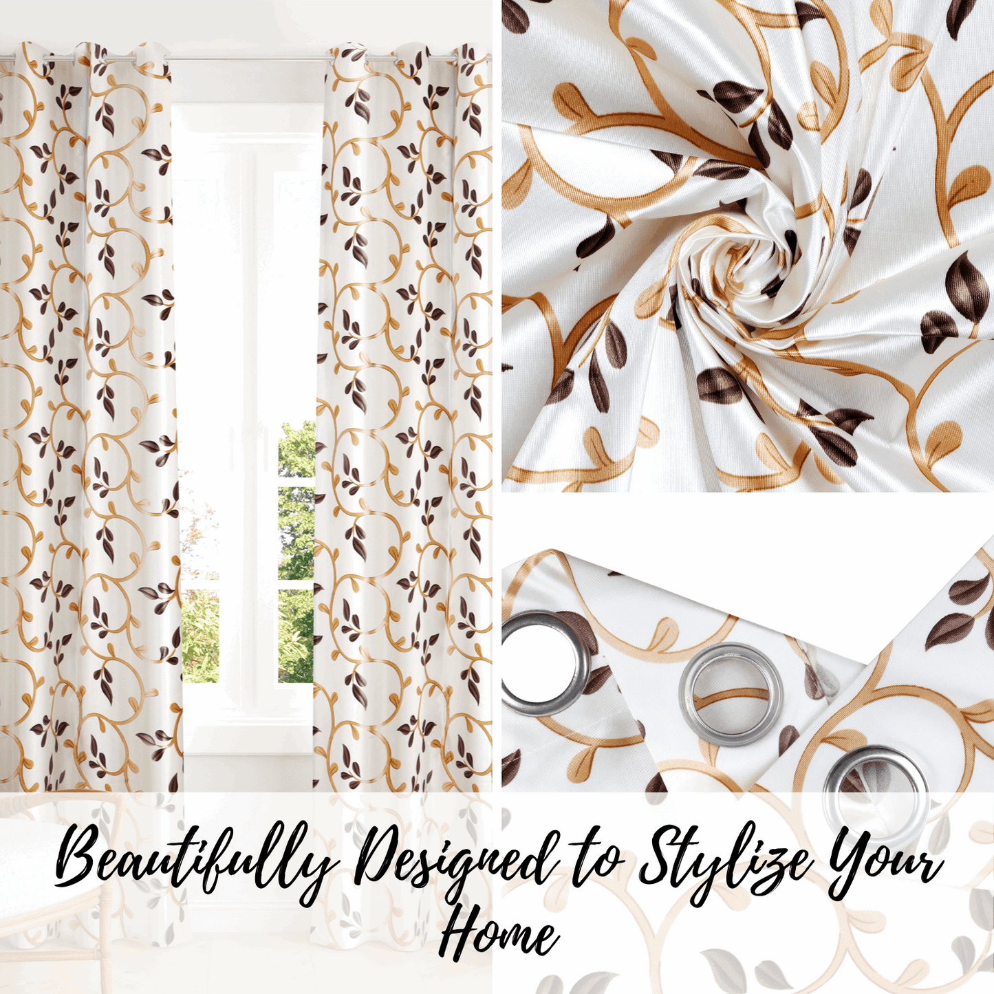 Theodore Floral Leaf Cream Curtains Pair - Kapissh
