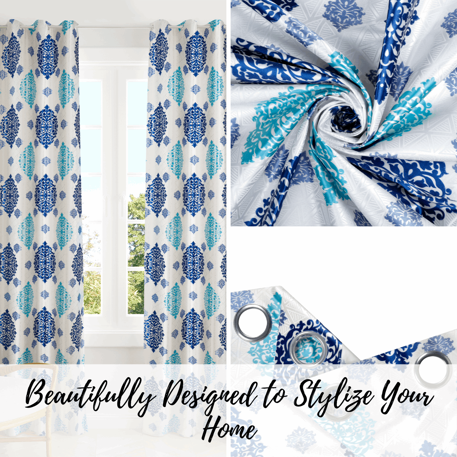 Raeya Damask Blue Curtain Pair - Kapissh