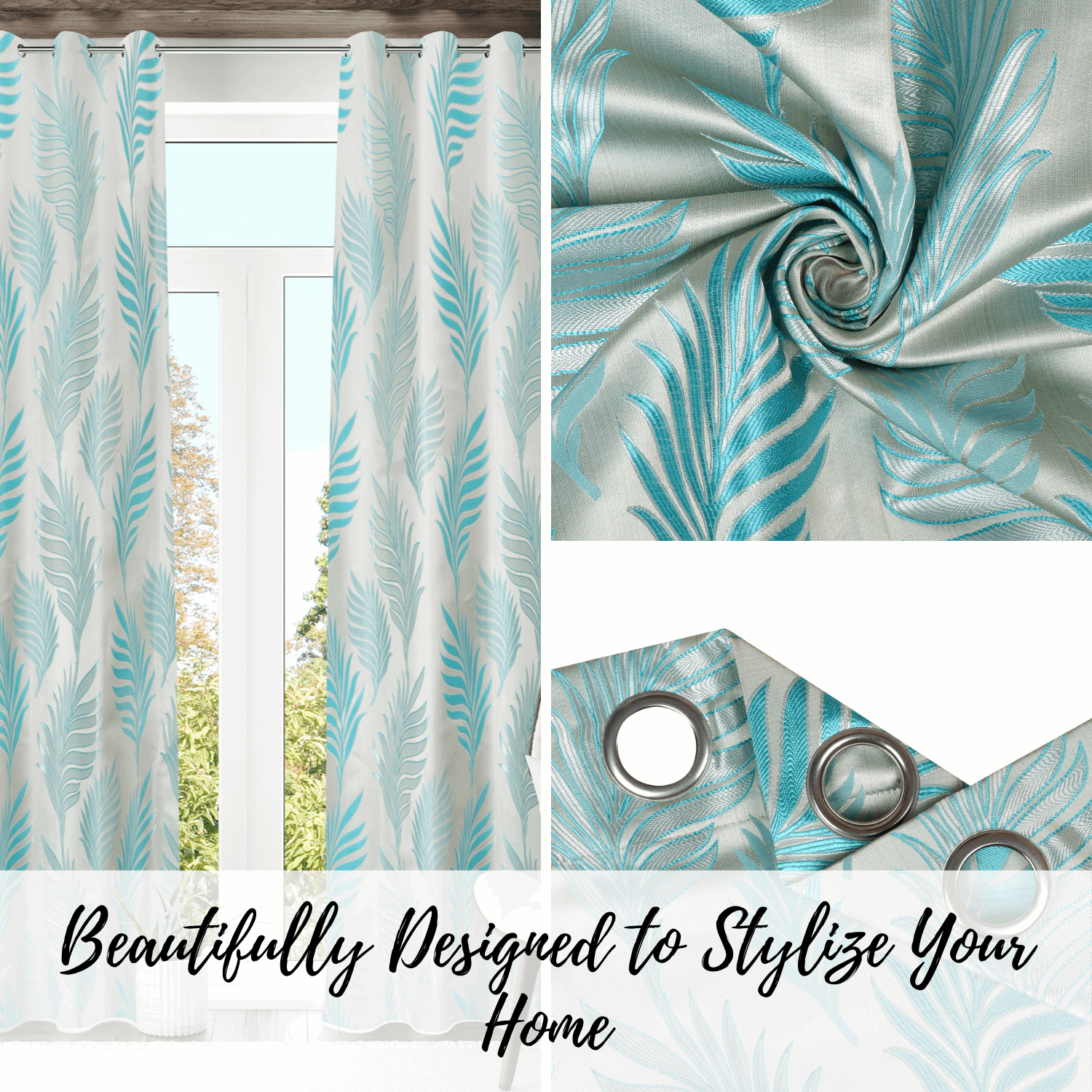 Maharani Jacquard Leaf Silver Blue Curtains 80% Blackout Window Drapes Pair - Kapissh