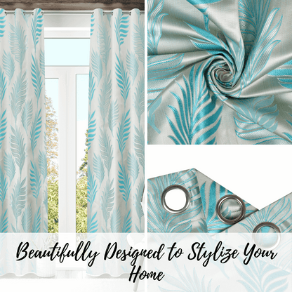 Maharani Jacquard Leaf Silver Blue Curtains 80% Blackout Window Drapes Pair - Kapissh