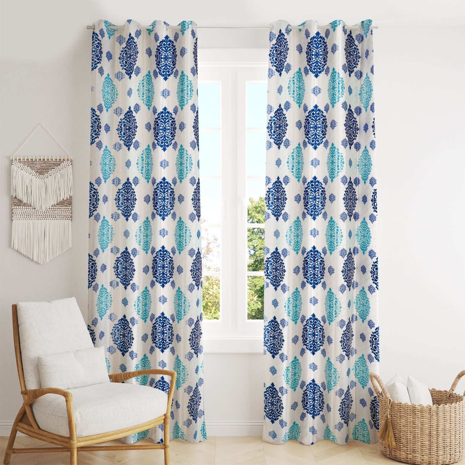 Raeya Damask Blue Curtain Pair - Kapissh