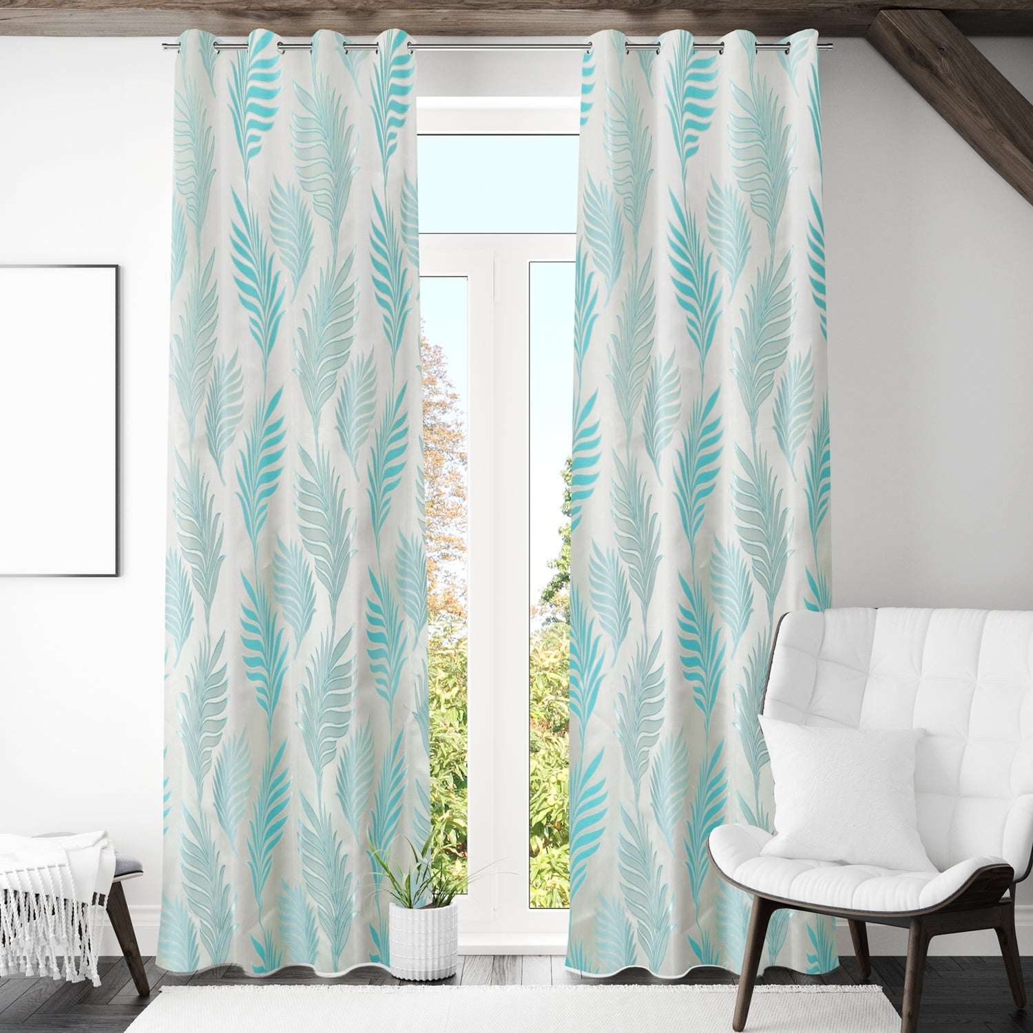Maharani Jacquard Leaf Silver Blue Curtains 80% Blackout Window Drapes Pair - Kapissh