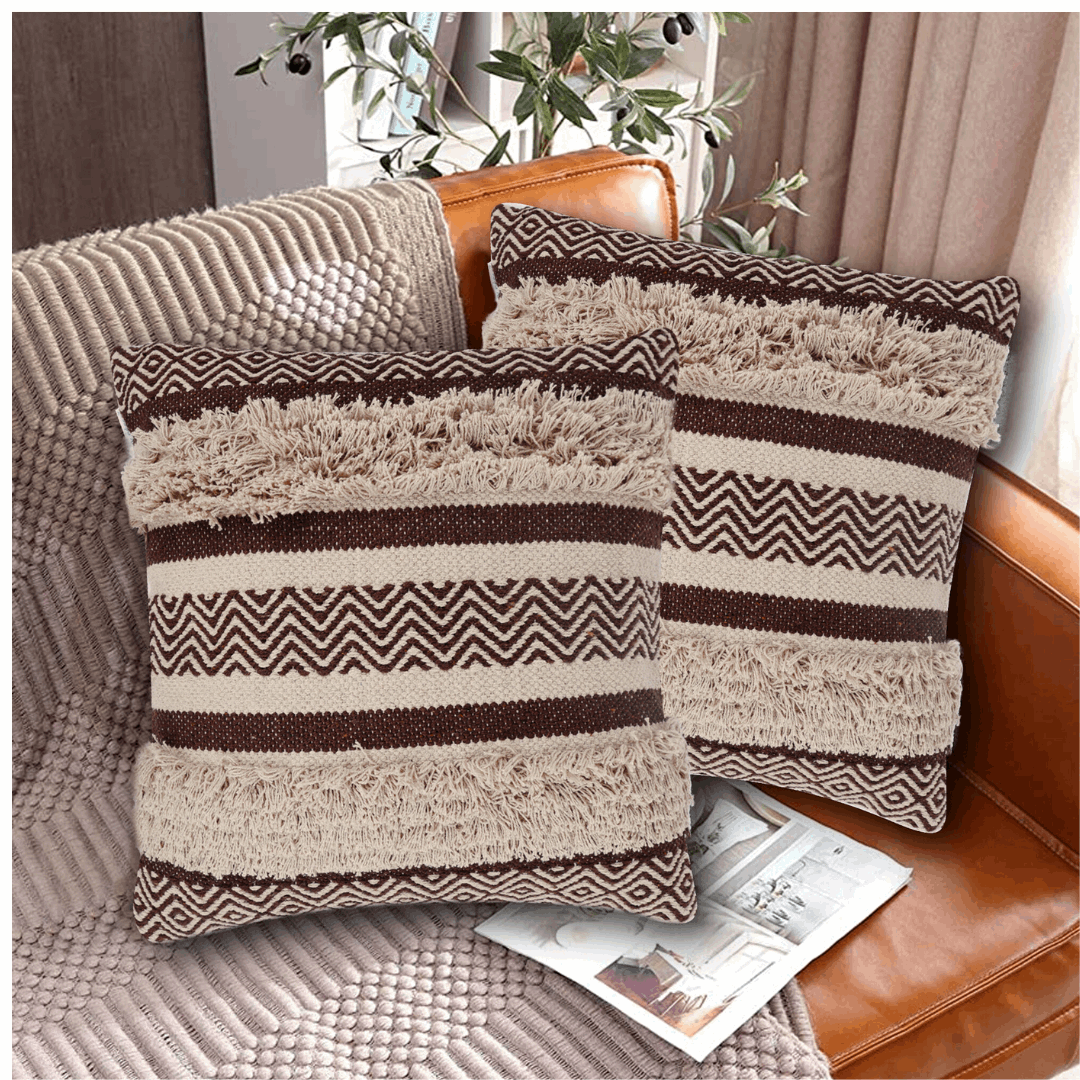 Maya Tufted 100% Cotton Woven Throw Pillow Covers Brown Pair - Kapissh